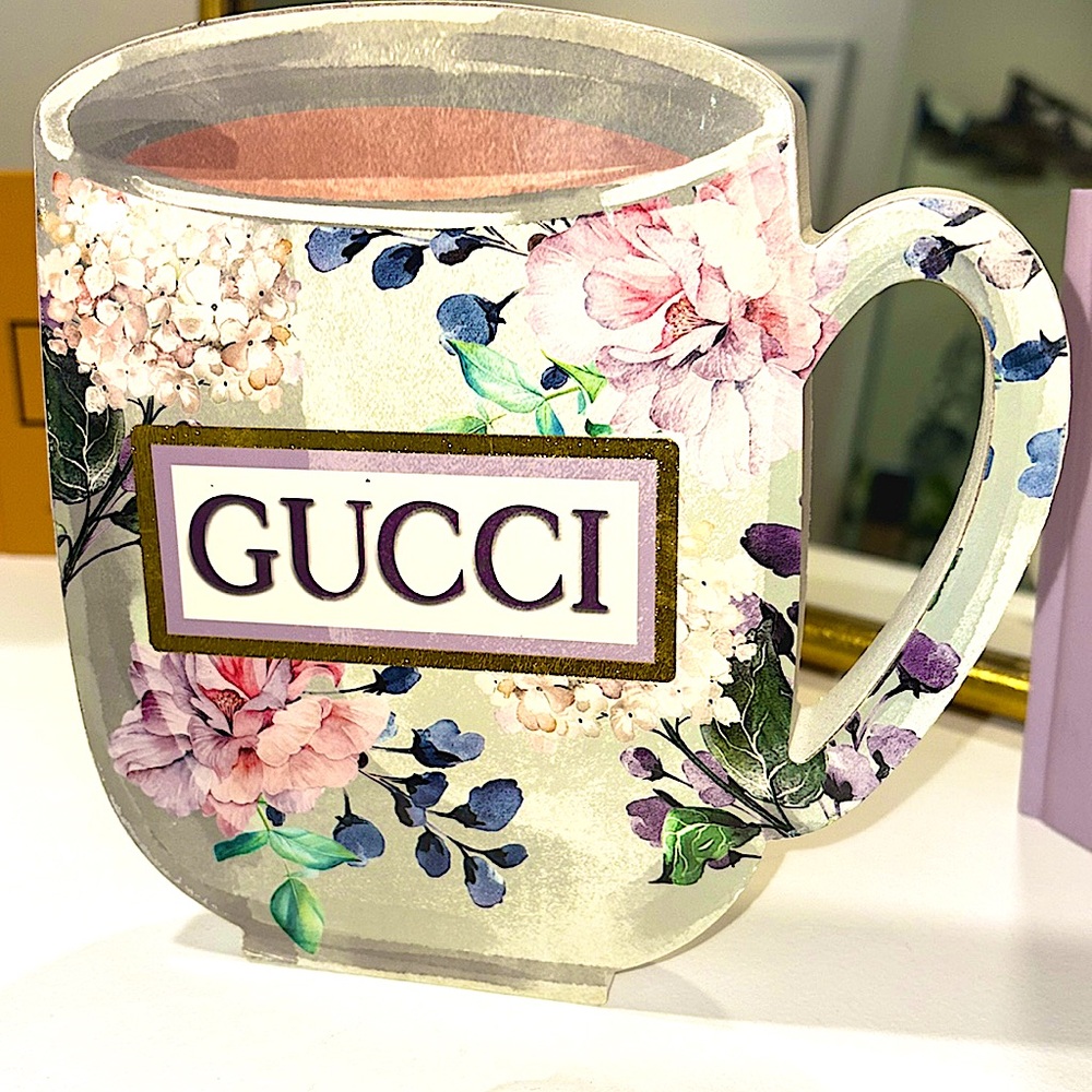 Home Decor- Novelty Gucci Floral Wooden Mug with Pink and Purple Accents - Picture 2 of 12